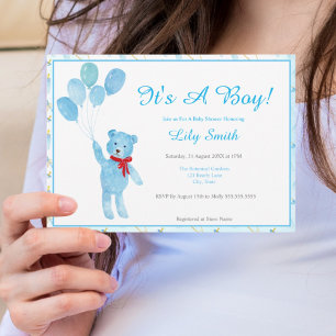 Watercolor-Junge Teddybär Ballons Babyparty Einladung