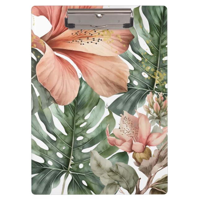 Watercolor Jungle Floral Peach Green Gold Splash Klemmbrett (Vorderseite)