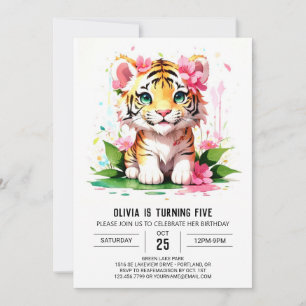 Watercolor Jungle Tiger Girl Geburtstag Einladung