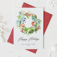 Watercolor Juniper und Holly Wreath Happy Holidays