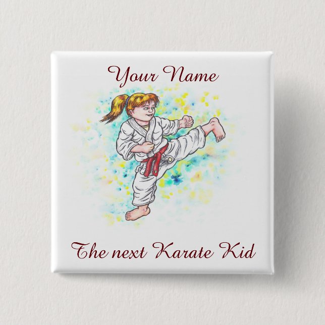 Watercolor Karate Kinder Hochkickgirl Button (Vorderseite)