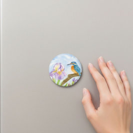 Watercolor Kingfisher with Purple Irises Magnet