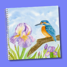 Watercolor Kingfisher with Purple Irises  Notizbuch