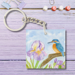 Watercolor Kingfisher with Purple Irises Schlüsselanhänger