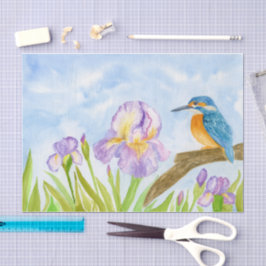 Watercolor Kingfisher with Purple Irises  Seidenpapier