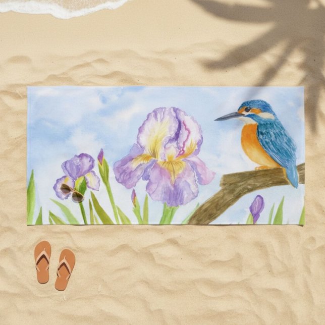 Watercolor Kingfisher with Purple Irises Strandtuch (Von Creator hochgeladen)