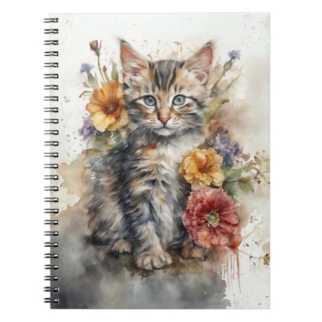 Watercolor Kitten with Wildflowers Spiral  Notizblock (Vorderseite)