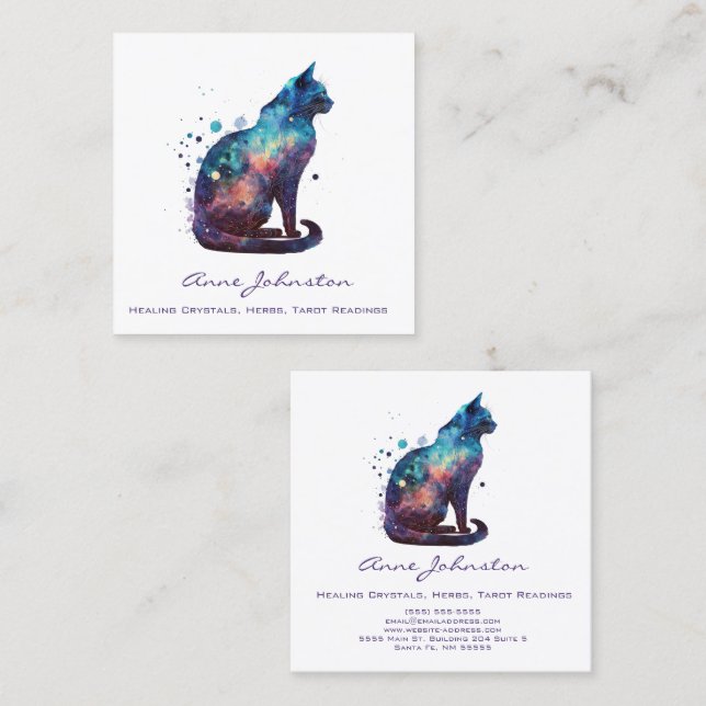 Watercolor Kitty Blue Lila Square Business Card Quadratische Visitenkarte (Vorne/Hinten)