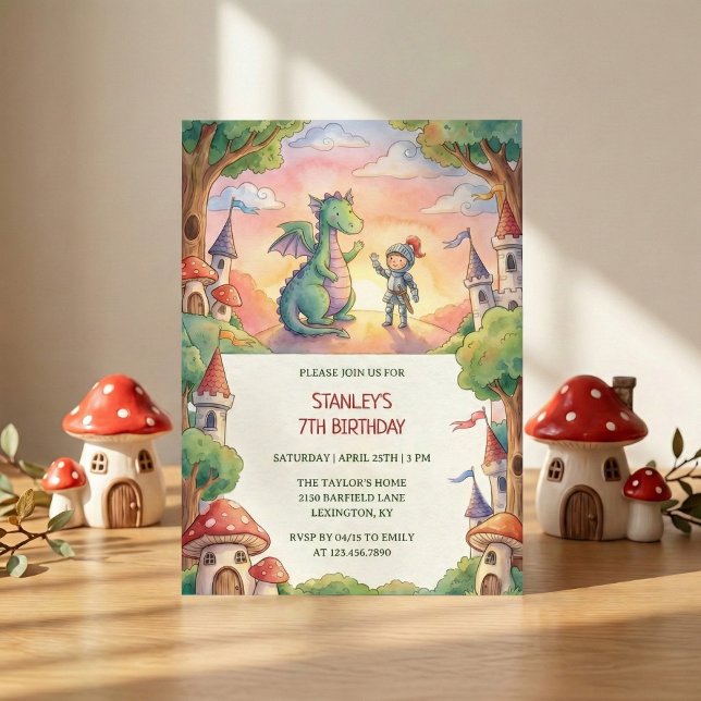 Watercolor Knight Dragon Fairytale Birthday Party Einladung (Watercolor Knight Dragon Fairytale Birthday Party Invitation)