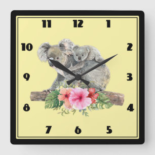 Watercolor Koala Bears Cute Mom & Baby Quadratische Wanduhr