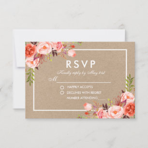 Watercolor-korallenrotes Blumenkraftpapier-UAWG RSVP Karte