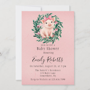 Watercolor Kranz mit Pig Girl Baby Dusche Einladung