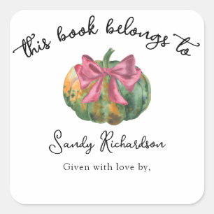 Watercolor-Kürbis-Schleife Baby-Shower-Exlibris Quadratischer Aufkleber