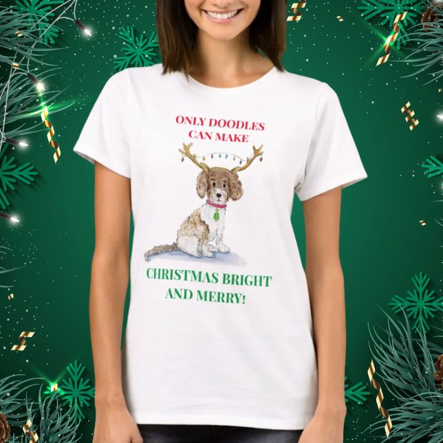 Watercolor Labradoodle Christmas Lights Antlers T- T-Shirt (Von Creator hochgeladen)