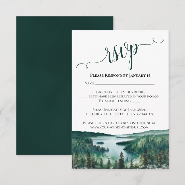 Watercolor Lake Tahoe Landscape Rustic Wedding RSVP Karte (Vorne/Hinten)