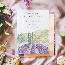 Watercolor Lavendel-Felder, die das Hochzeitdatum Save The Date