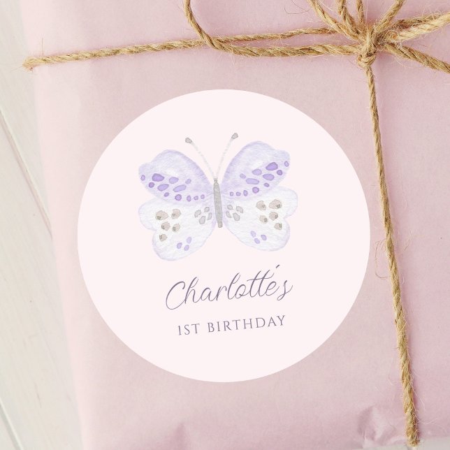Watercolor Lavender Butterfly 1st Birthday Party Runder Aufkleber (Von Creator hochgeladen)