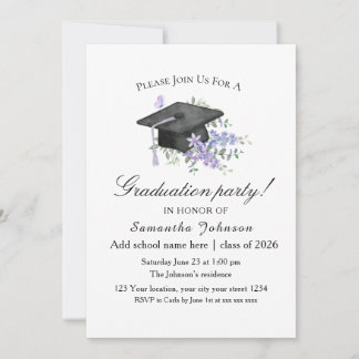 Watercolor Lavender  Purple Floral Graduation  Einladung