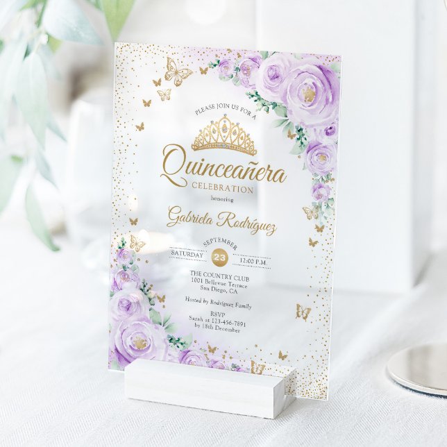 Watercolor Lavender Purple Floral Quinceanera Acryleinladungen (Von Creator hochgeladen)