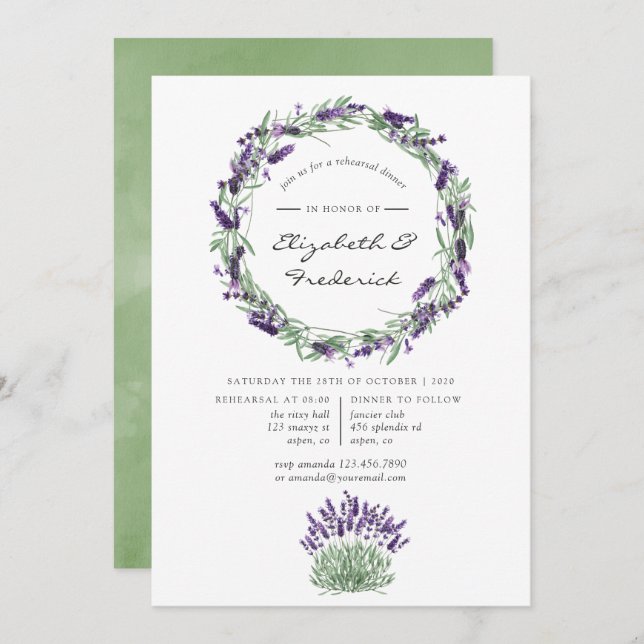 Watercolor Lavender Wedding Probe Dinner Einladung (Vorne/Hinten)
