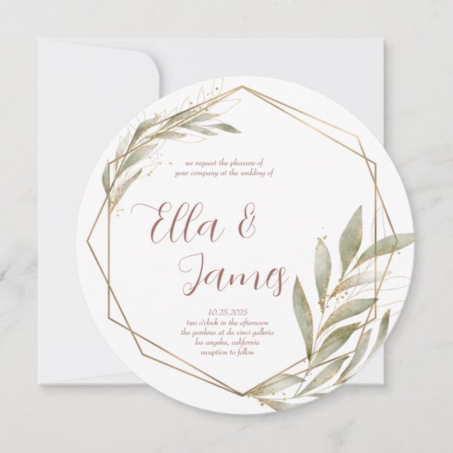 Watercolor Leaf Gold Hochzeit Einladung (Vorderseite)