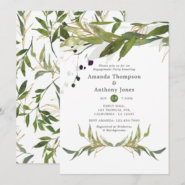 Watercolor Leafy Greenery Engagement Party Einladung (Vorne/Hinten)