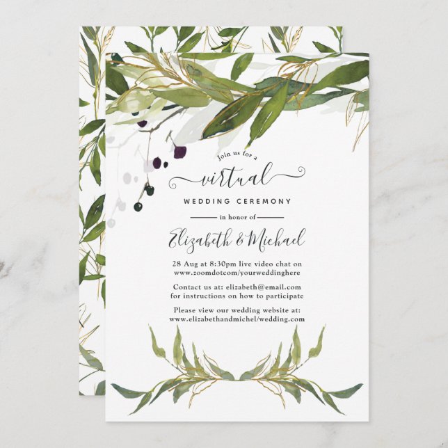 Watercolor Leafy Greenery Online Virtual Wedding Einladung (Vorne/Hinten)