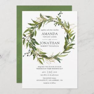 Watercolor Leafy Greenery Wreath Wedding Einladung