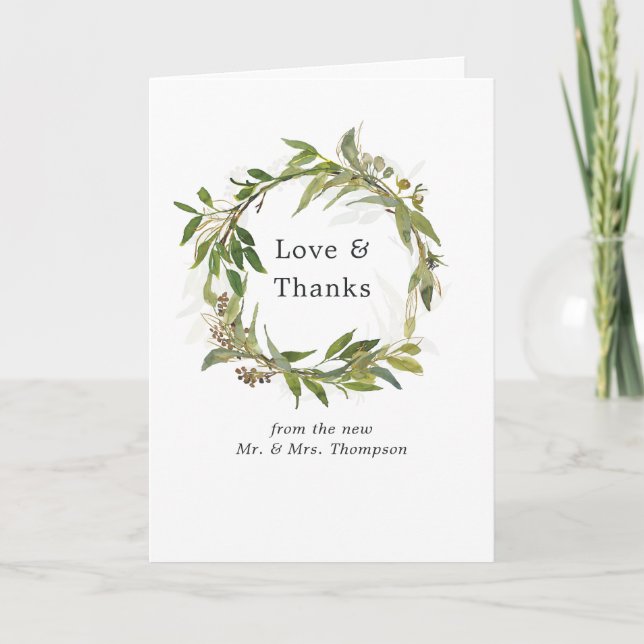 Watercolor Leafy Greenery Wreath Wedding Foto Dankeskarte (Vorderseite)