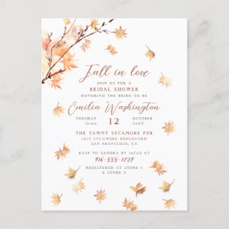 Watercolor Leaves "Fall In Love" Bridal Shower Einladungspostkarte