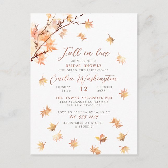 Watercolor Leaves "Fall In Love" Bridal Shower Einladungspostkarte (Vorderseite)