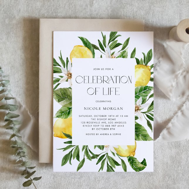 Watercolor Lemon Blossom Frame Celebration of Life Einladung (Custom Celebration of Life invitation featuring watercolor lemons, blossoms, and greenery.)
