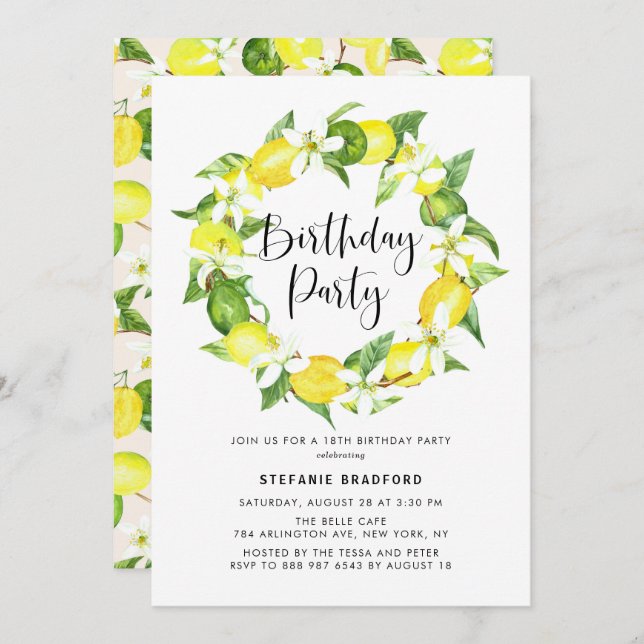 Watercolor Lemon Blossom Wreath Birthday Party Einladung (Vorne/Hinten)