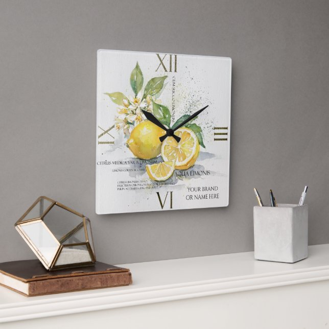 Watercolor Lemon Citrus Fruit With Blossoms Quadratische Wanduhr (Büro)