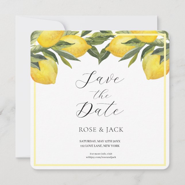 Watercolor Lemon Garden White Wedge Save The Date (Vorderseite)