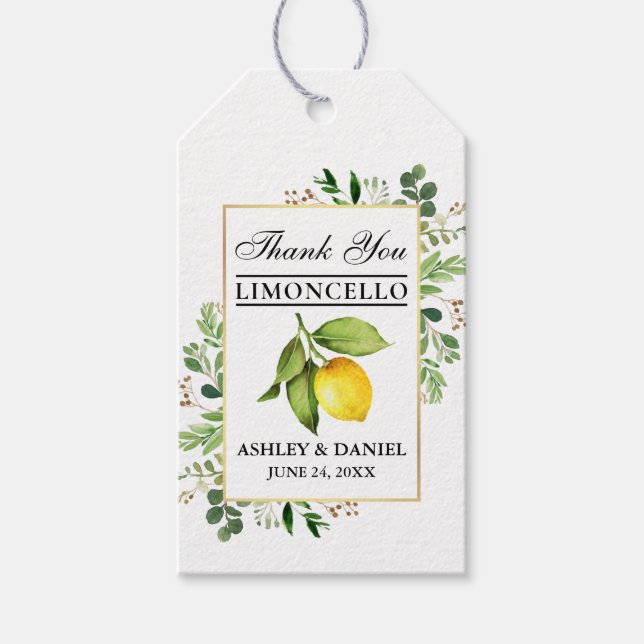 Watercolor Lemon Gold Limoncello Hochzeit Geschenkanhänger (Vorderseite)