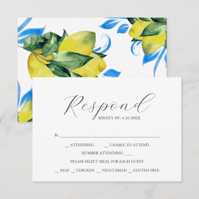 Watercolor Lemon RSVP Cards with Meal Choice Karte (Vorne/Hinten)