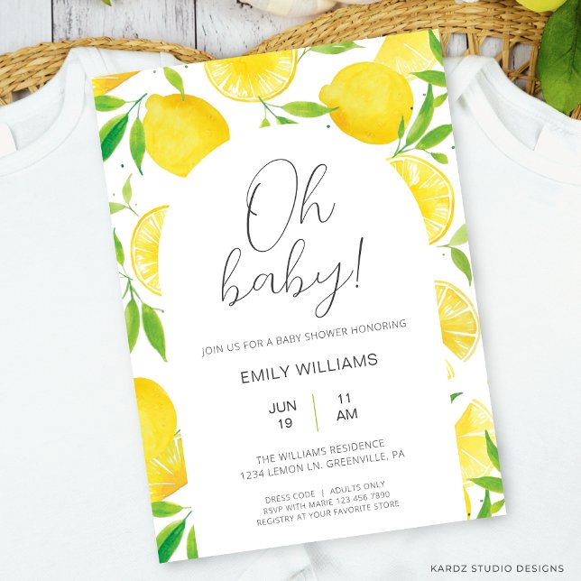 Watercolor Lemon Summer Oh Baby Dusche Einladung (Citrus Lemon Baby Shower Invitation is shown in size 5 x 7 in. Digital download available.)