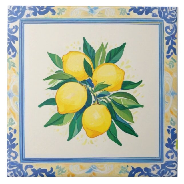 Watercolor Lemons Blue Green Yellow White Summery Fliese (Vorderseite)