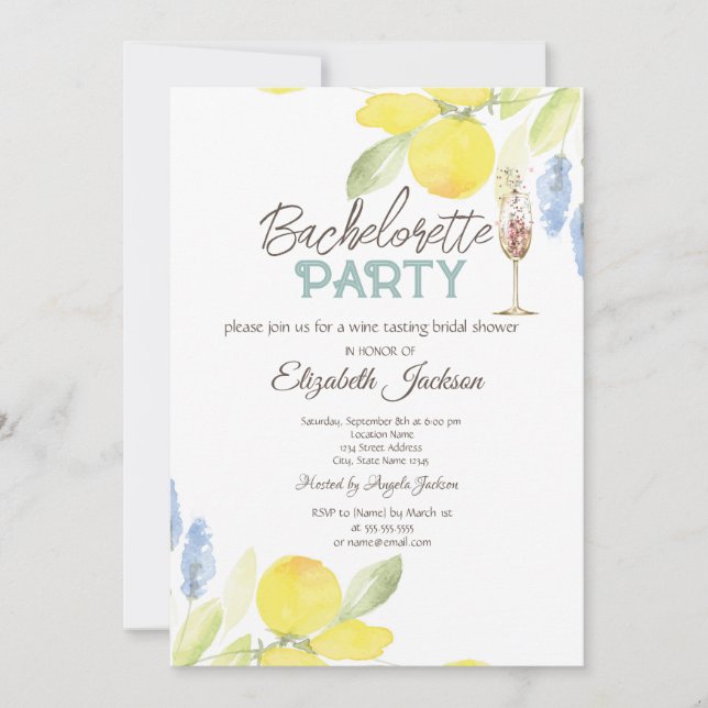 Watercolor Lemons Champagne Glass Bachelorette Einladung (Vorderseite)