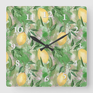 Watercolor lemons fruit citrus nature fresh yellow quadratische wanduhr
