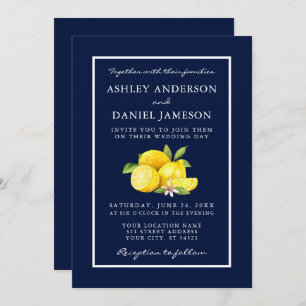 Watercolor Lemons Greenery Blue Wedding Einladung