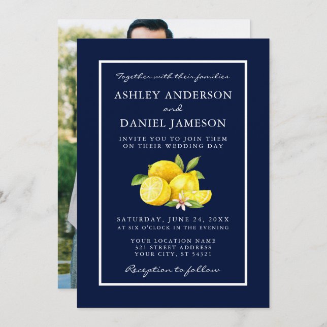 Watercolor Lemons Greenery Blue Wedding Foto Einladung (Vorne/Hinten)