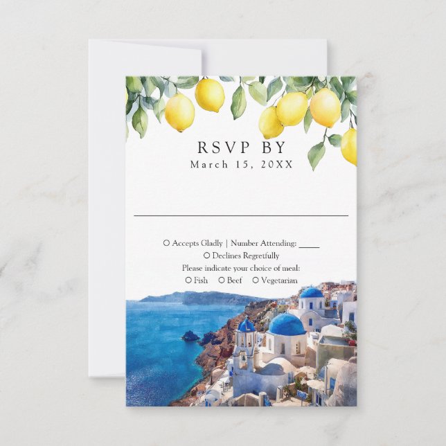 Watercolor Lemons Santorini Greek Wedding RSVP Karte (Vorderseite)