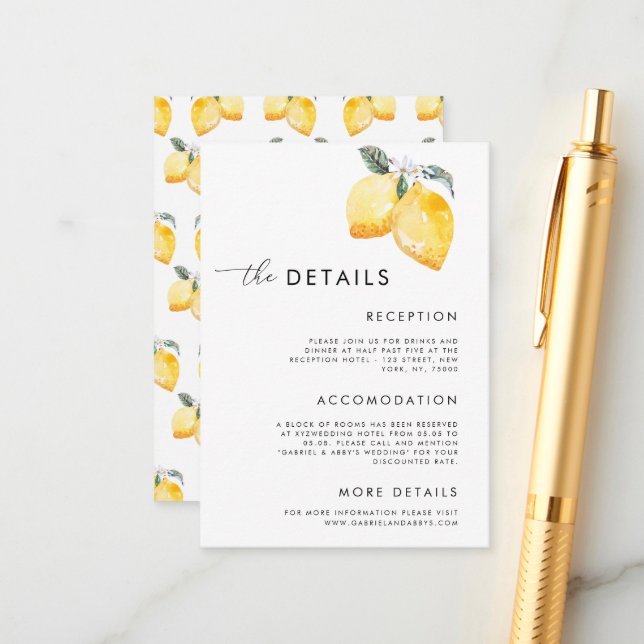 Watercolor Lemons Script SommerWedeldetails Begleitkarte (Vorderseite/Rückseite Beispiel)