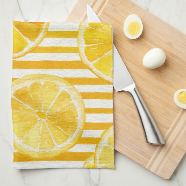 Watercolor Lemons & Stripes Geschirrtuch (Viertel Falte)