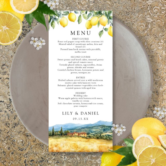 Watercolor Lemons Tuscany Italy Wedding Menükarte (Watercolor Lemons Tuscany Italy Wedding Menu)