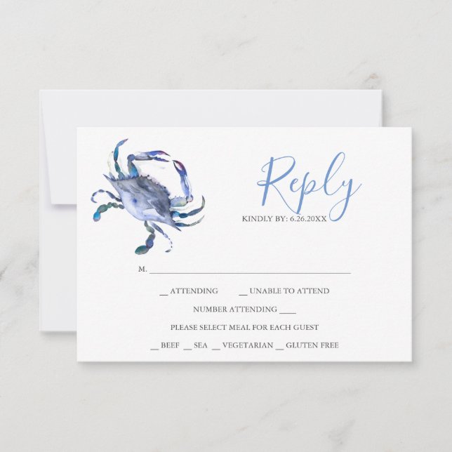 Watercolor Light Blue Crab Reply RSVP Cards (Vorderseite)