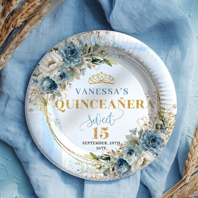 Watercolor Light Blue Floral Gold Glitter Party   Pappteller (Watercolor Light Blue Floral Gold Glitter Party Plates)