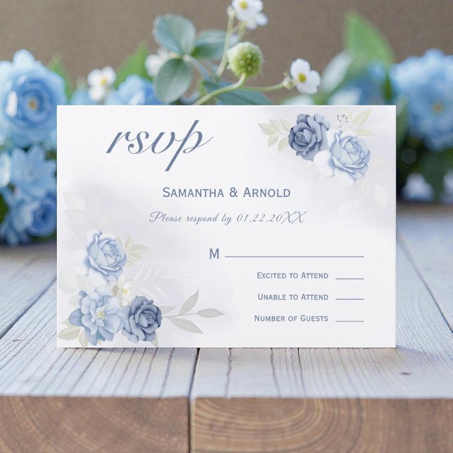 Watercolor Light Blue Floral Wedding RSVP Einladung (Von Creator hochgeladen)